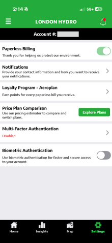 London Hydro App Settings